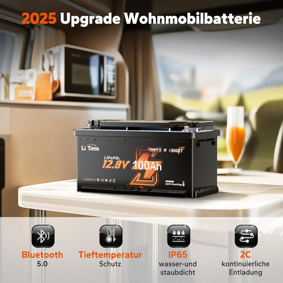 LiTime 12V 100Ah LiFePO4 Bluetooth H190 Lithium Battery für Wohnmobil in DIN H8 L5 Grösse, 15000-Zyk