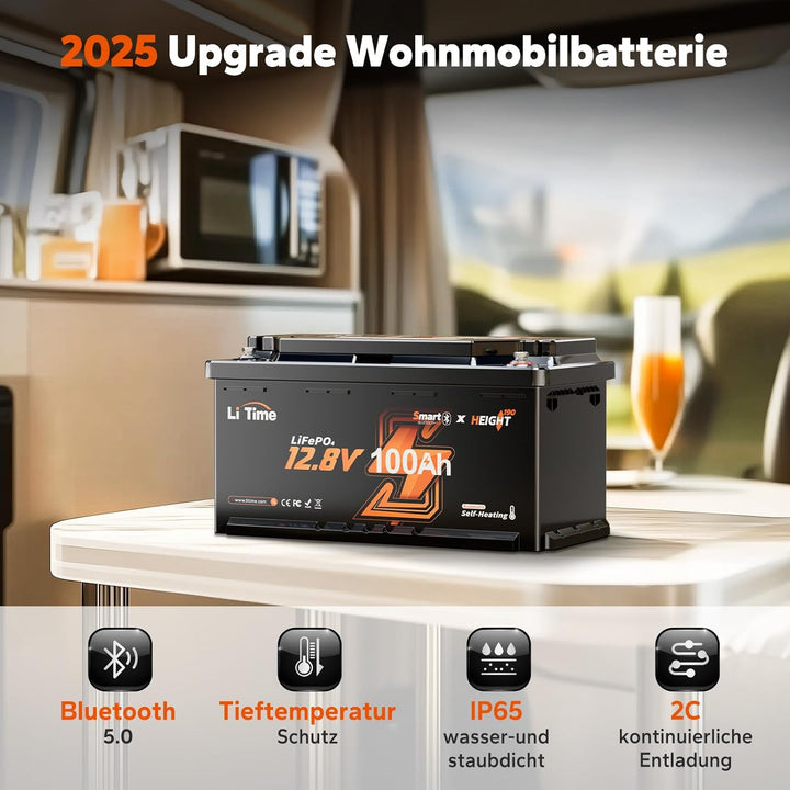 LiTime 12V 100Ah LiFePO4 Bluetooth H190 Lithium Battery für Wohnmobil in DIN H8 L5 Grösse, 15000-Zyk