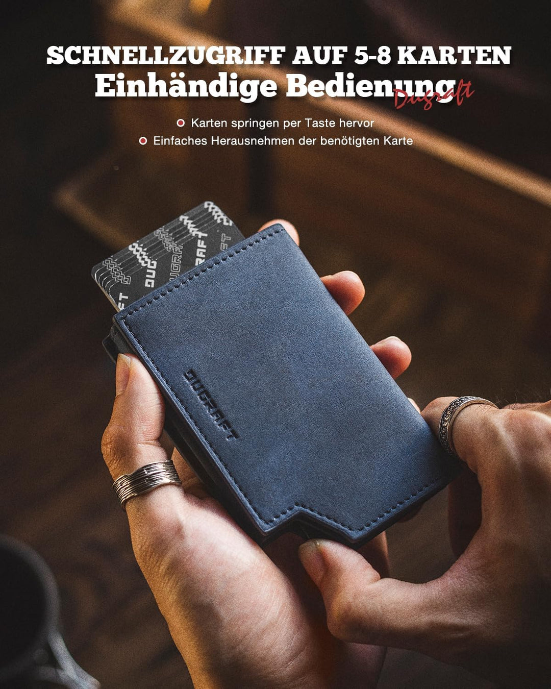 DUGRAFT Pop-up-Kartenetui aus Leder mit RFID-Schutz, Geldfach, Münztasche, ID-Fenster und Magnetvers
