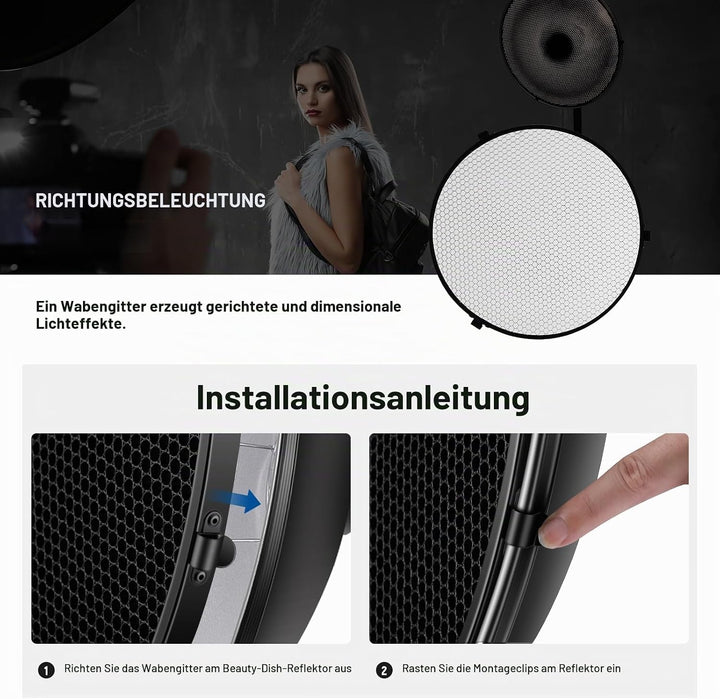 NEEWER 30cm Metall Beauty Dish Bowens Mount Reflektor Set mit weissem Diffusor, Honeycomb Grid für S
