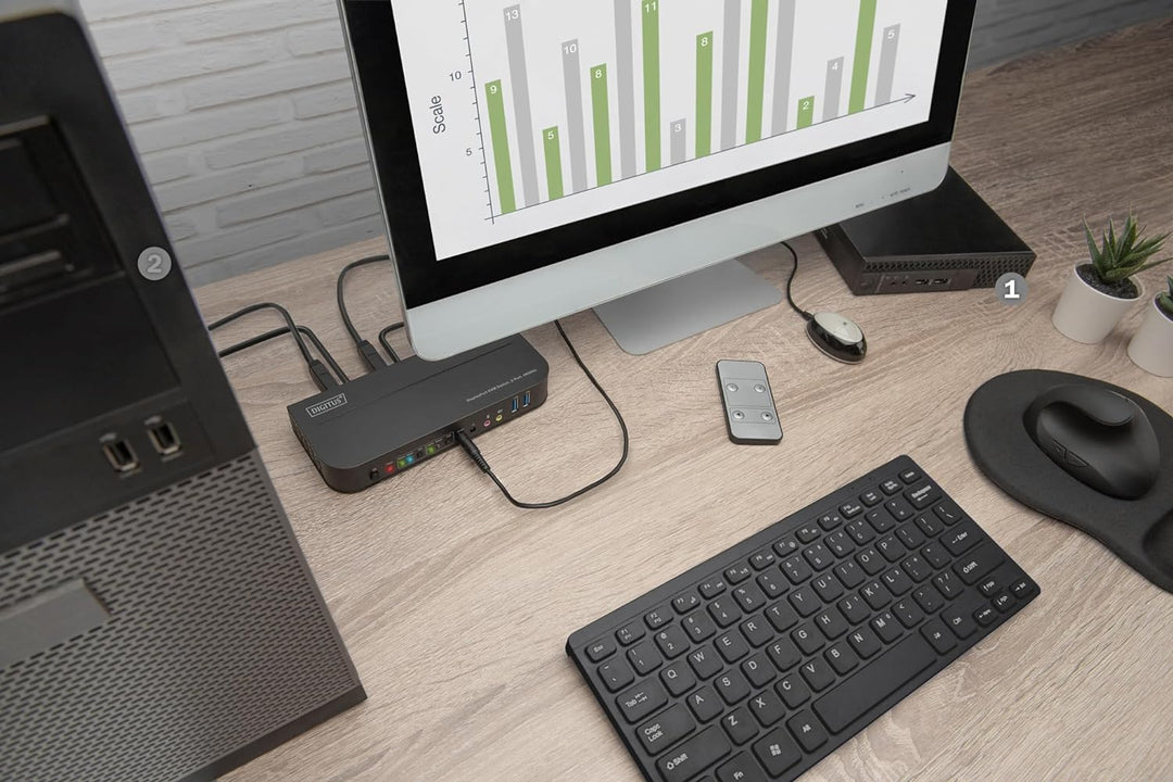 DIGITUS KVM-Switch DisplayPort – 2-Port Single-Display – 2 PC 1 Monitor – 1x Maus, Tastatur & Audio