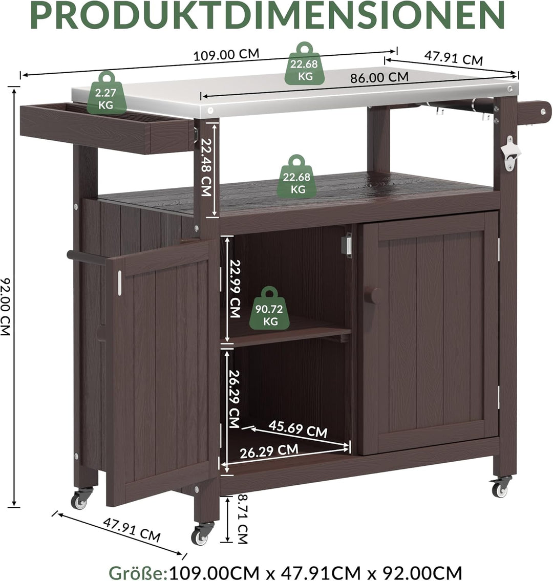 Grillwagen für den Aussenbereich mit Edelstahlplatte, wetterfester HIPS-Gartenwagen mit Aufbewahrung