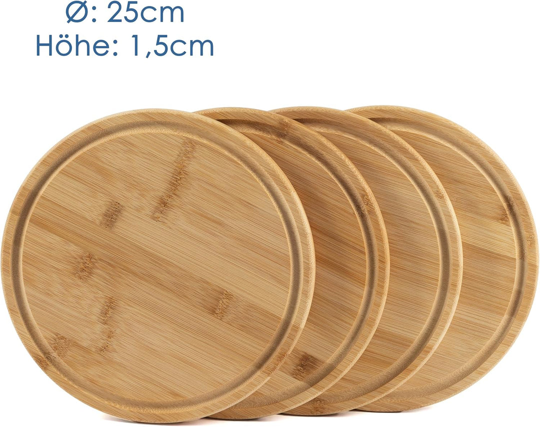 Hanseküche 4er Set Frühstücksbrettchen Bambus Rund Ø 25cm – Nachhaltiges Schneidebrett Set mit Saftr