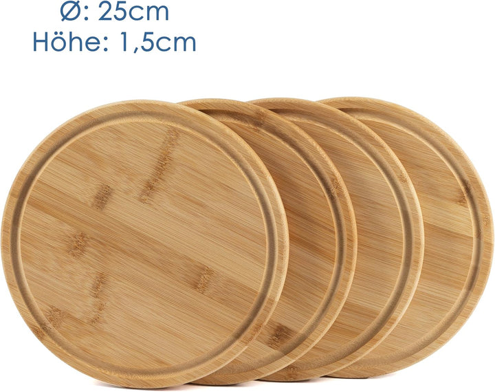 Hanseküche 4er Set Frühstücksbrettchen Bambus Rund Ø 25cm – Nachhaltiges Schneidebrett Set mit Saftr