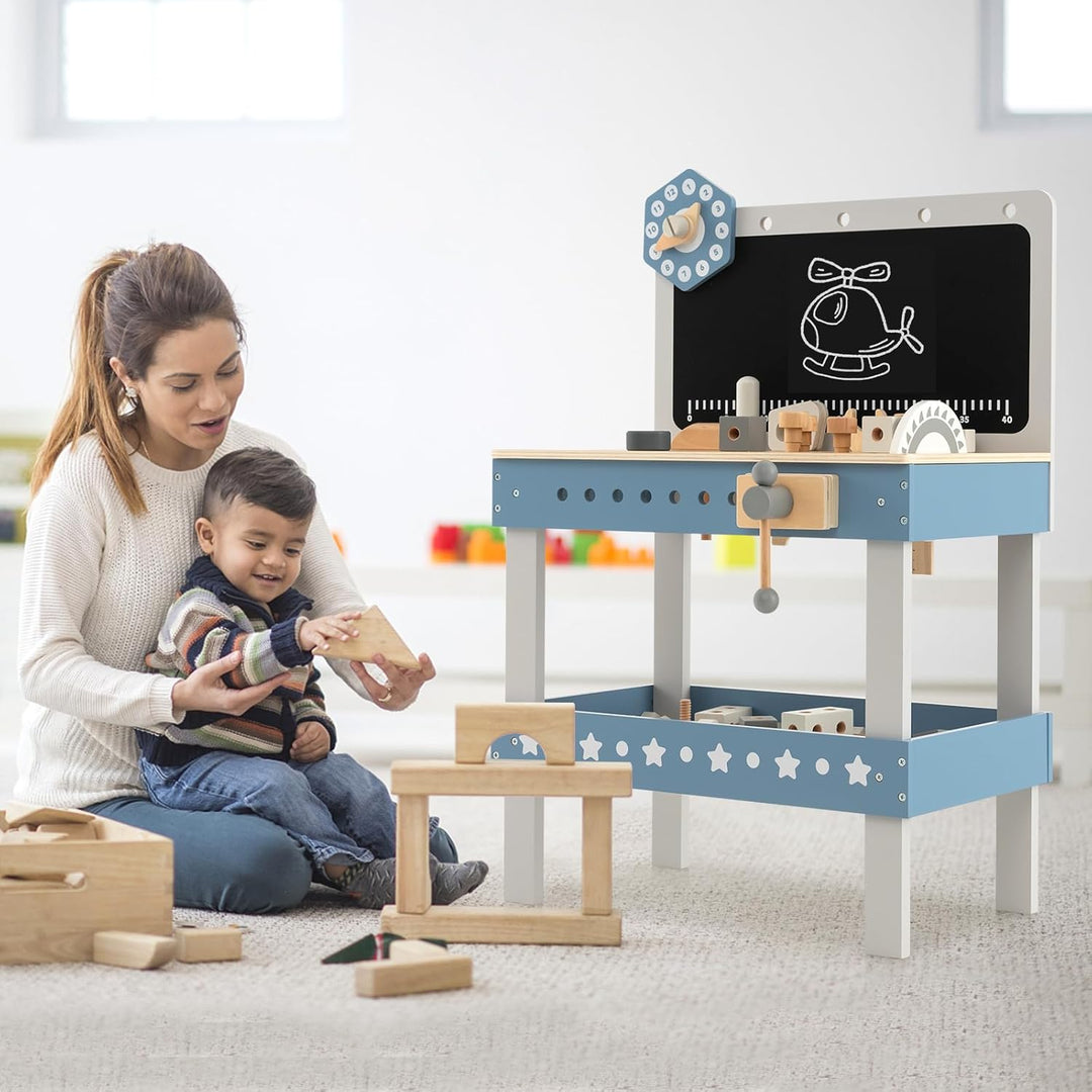 GOPLUS Kinder Werkzeugbank, Werkbank aus Holz mit Tafel, Uhr, Arbeitsplatte mit Steckplätzen & unter