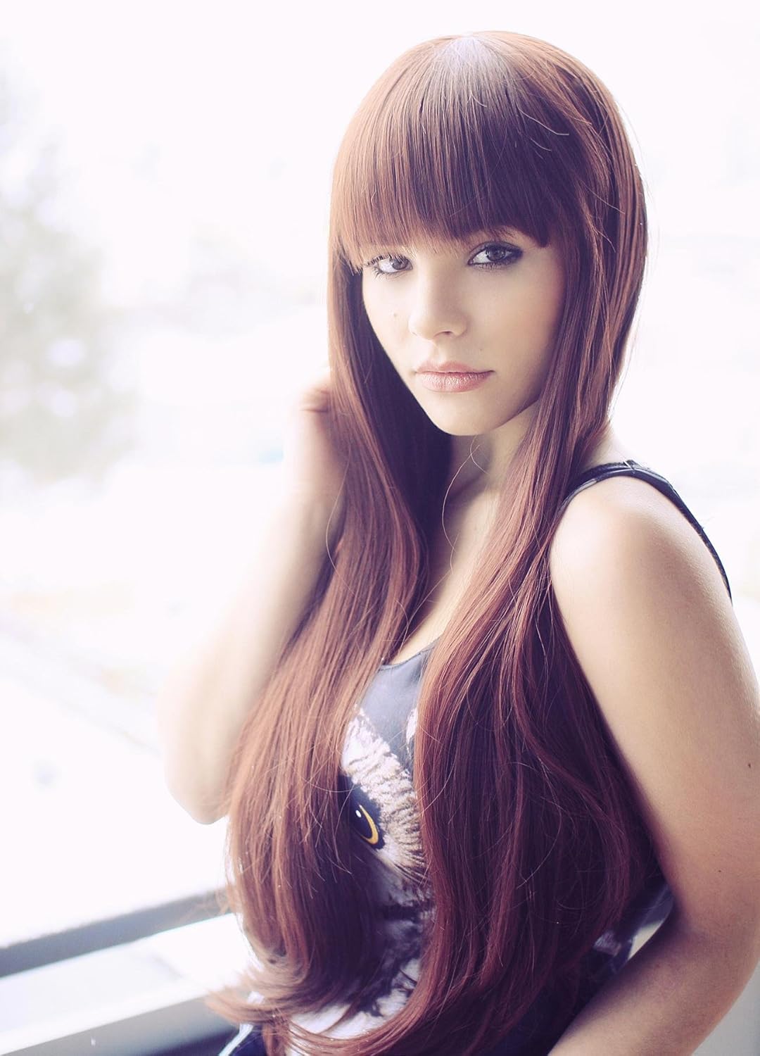 Prettyland C865 - Langhaar Perücke Braun 75cm Lang Glatt Viel Volumen Gerader Pony Wig