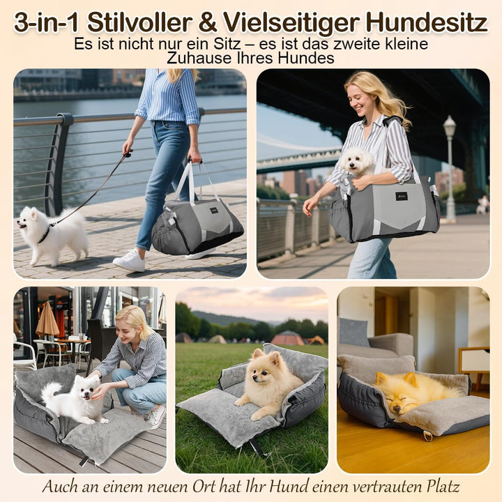3-in-1 Hundesitz fürs Auto & Reisebett für kleine Hunde – Tragbarer Autositz mit erweiterbarer Liege