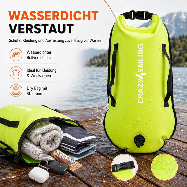 crazy4sailing Schwimmboje Dry Bag, wasserdichter Trockensack & aufblasbare Schwimmhilfe, 36 x 72 cm,