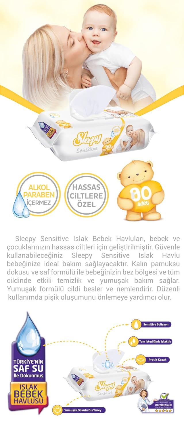 Sleepy Sensitive Baby Feuchttücher 80 Stück 8er Packung (640 Stück) 100% Reines Wasser und bio Baumw