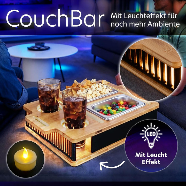 AH® Couchbar Snackbox mit Leuchteffekt – Bambus Sofa Tablett mit 2 Edelstahl-Schalen, Handy- & Geträ