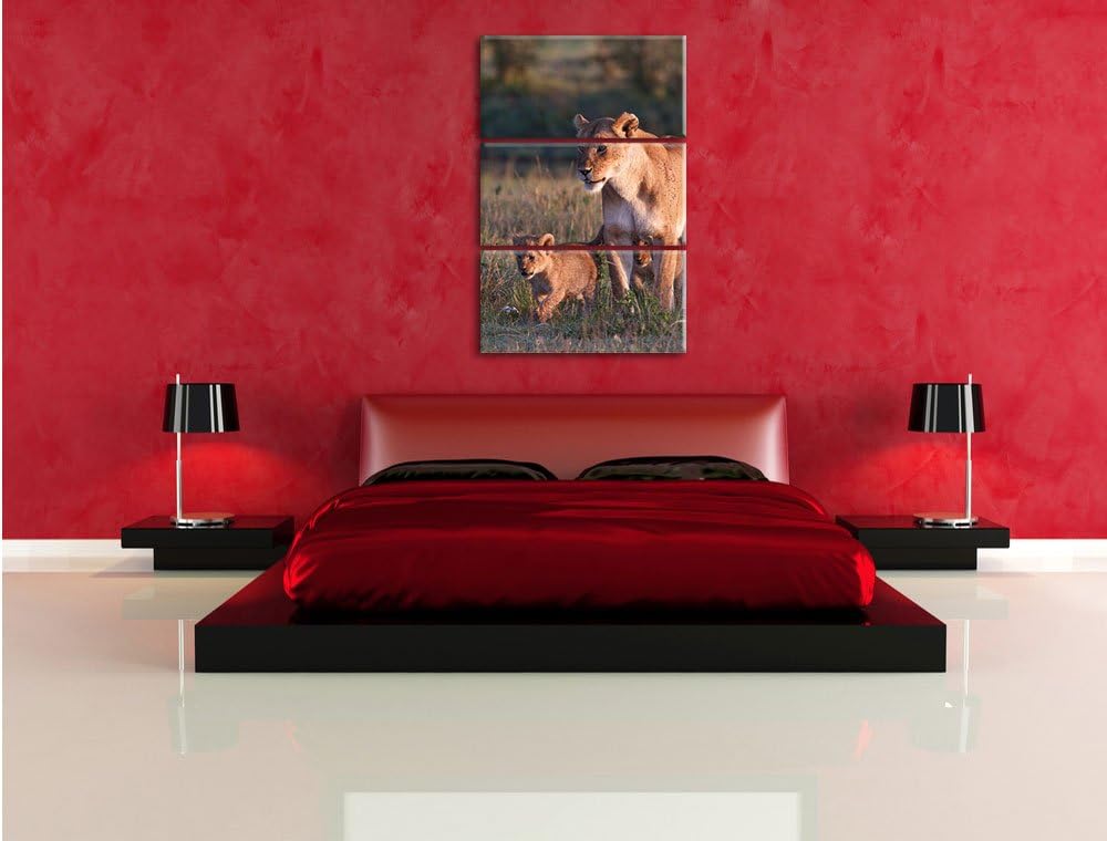 Pixxprint Löwenmutter mit Jungtieren 3-Teiler Leinwandbild 120x80 Bild auf Leinwand