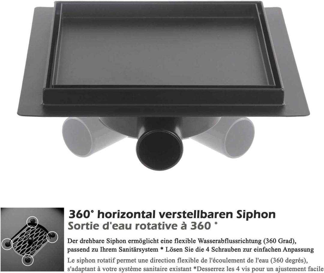 Kasloglow Duschablauf Schwarz Quadratisch 15x15 cm, Edelstahl Bodenablauf, Befliesbar, Siphon mit Ha
