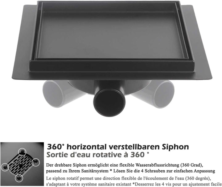 Kasloglow Duschablauf Schwarz Quadratisch 15x15 cm, Edelstahl Bodenablauf, Befliesbar, Siphon mit Ha
