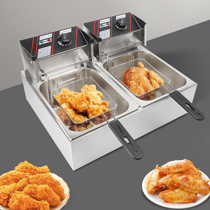 Elektrische Friteuse mit Fett 5000W 6 L Kommerzielle Doppel Fritteusen Gastronomie Edelstahl Kaltzon
