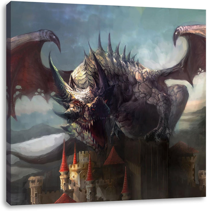 der Drache auf der Festung, Format: 70x70 auf Leinwand, XXL riesige Bilder fertig gerahmt mit Keilra