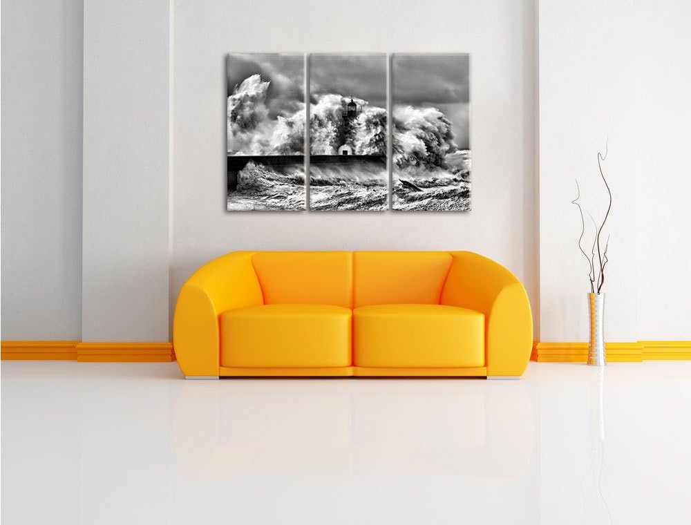 Pixxprint Leuchtturm im Sturm / 3-Teilig/Gesamtmass 120cm Leinwandbild bespannt auf Holzrahmen/Wandb