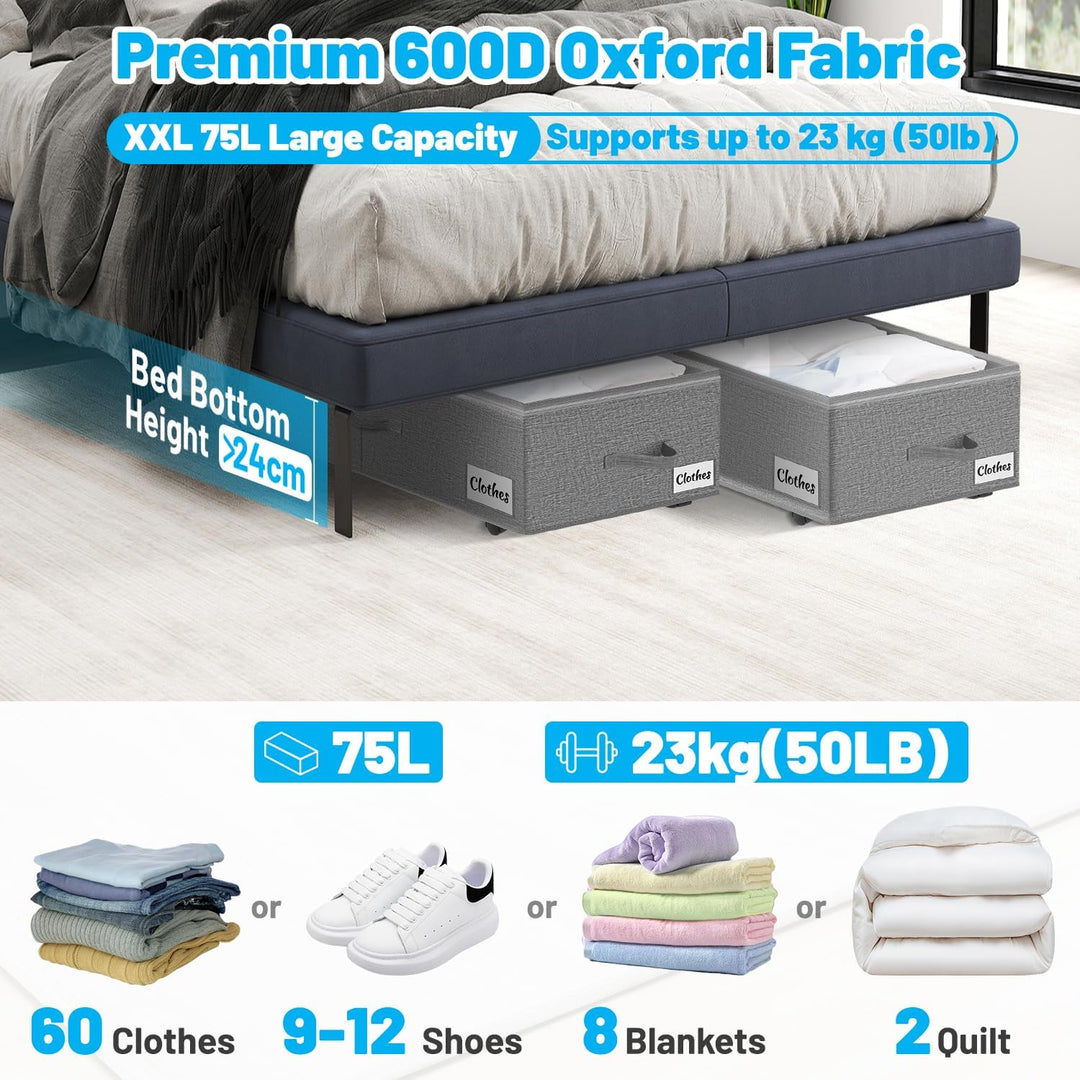 Kukikan Unterbettkommode auf Rollen, 2er Pack 24 cm XXL 60L Rollunterbett Aufbewahrungstasche mit Re