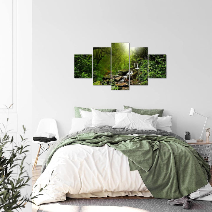 Runa Art Bild Wohnzimmer Schlafzimmer Natur Wald 5 Teilig Landschaft Grün Wandbilder auf Vlies Leinw