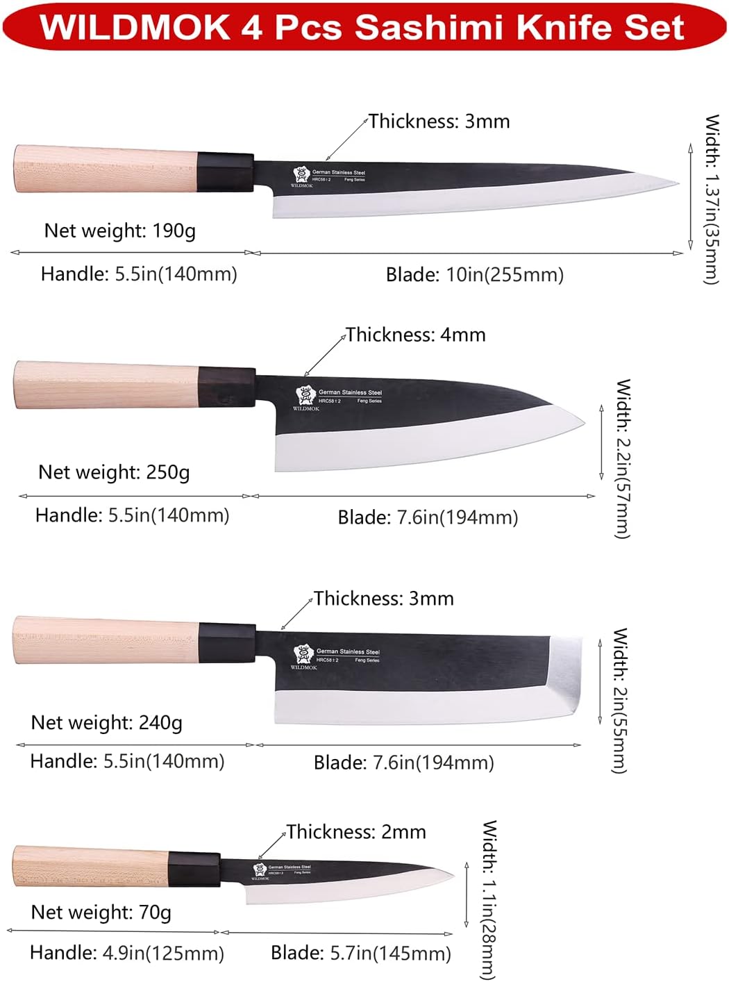 WILDMOK Messerset mit 4 GYUTO Sushi-Kochmessern – Yanagiba-Deba-Nakiri – Allzweck-Küchenmesser, Fisc