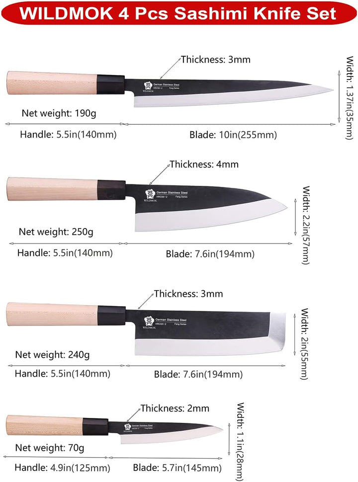 WILDMOK Messerset mit 4 GYUTO Sushi-Kochmessern – Yanagiba-Deba-Nakiri – Allzweck-Küchenmesser, Fisc