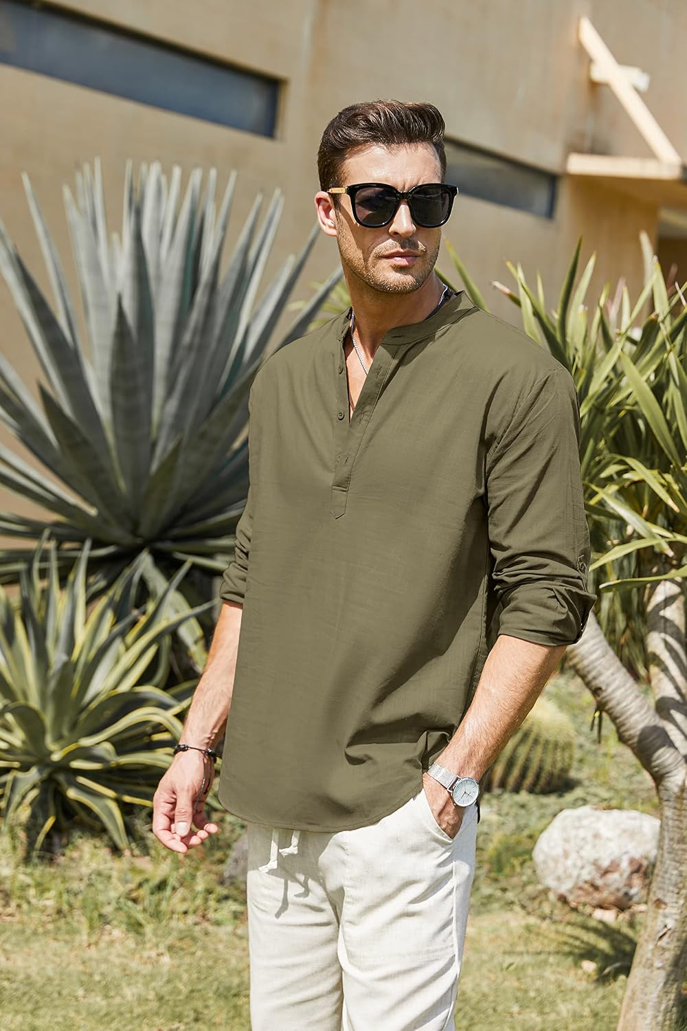 COOFANDY Hemd Herren Langarm Leinenhemd Baumwolle Henley Shirt Casual Regular Fit Sommerhemd S Armee