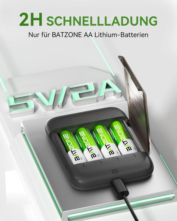 Wiederaufladbare Lithium Akkus AA 4-Pack mit Ladegerät, 2500mWh Hohe Kapazität 1.5V AA Batterien Lad