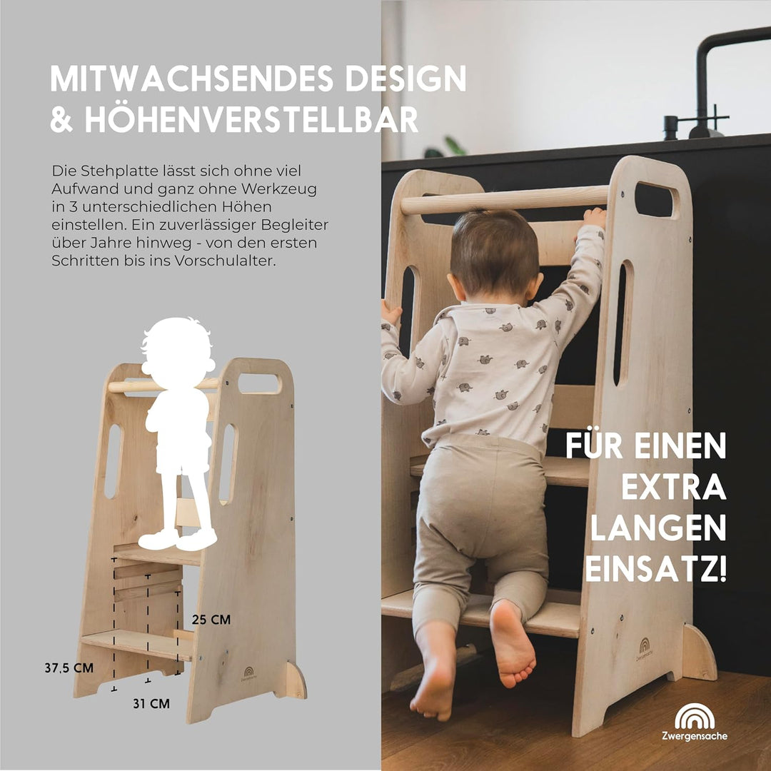 Lernturm ab 1 Jahr – Höhenverstellbar ohne Werkzeug – weiss lackiert - Kinder-Küchenhelfer, Lernturm