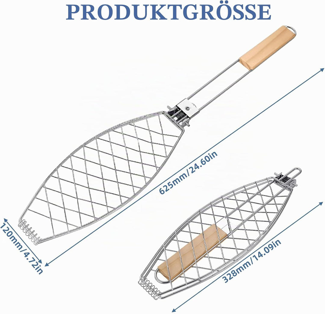 Fisch Grillhalter mit Holzgriff 3er, 63x12cm Grosse Fischbräter Fischgriller mit Griff aus Metall, G