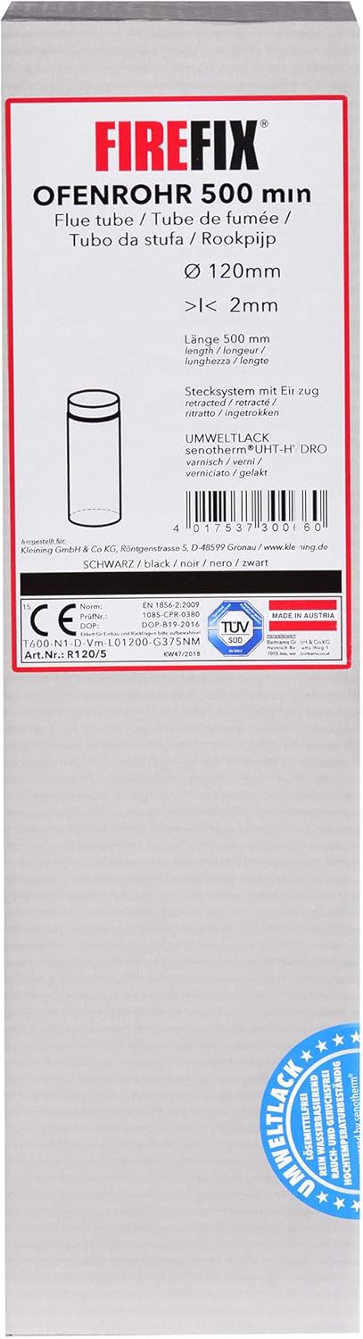 FIREFIX R120/5 Ofenrohr aus 2 mm starken Stahl (Rauchrohr) in 120 mm Durchmesser, für Kaminöfen und