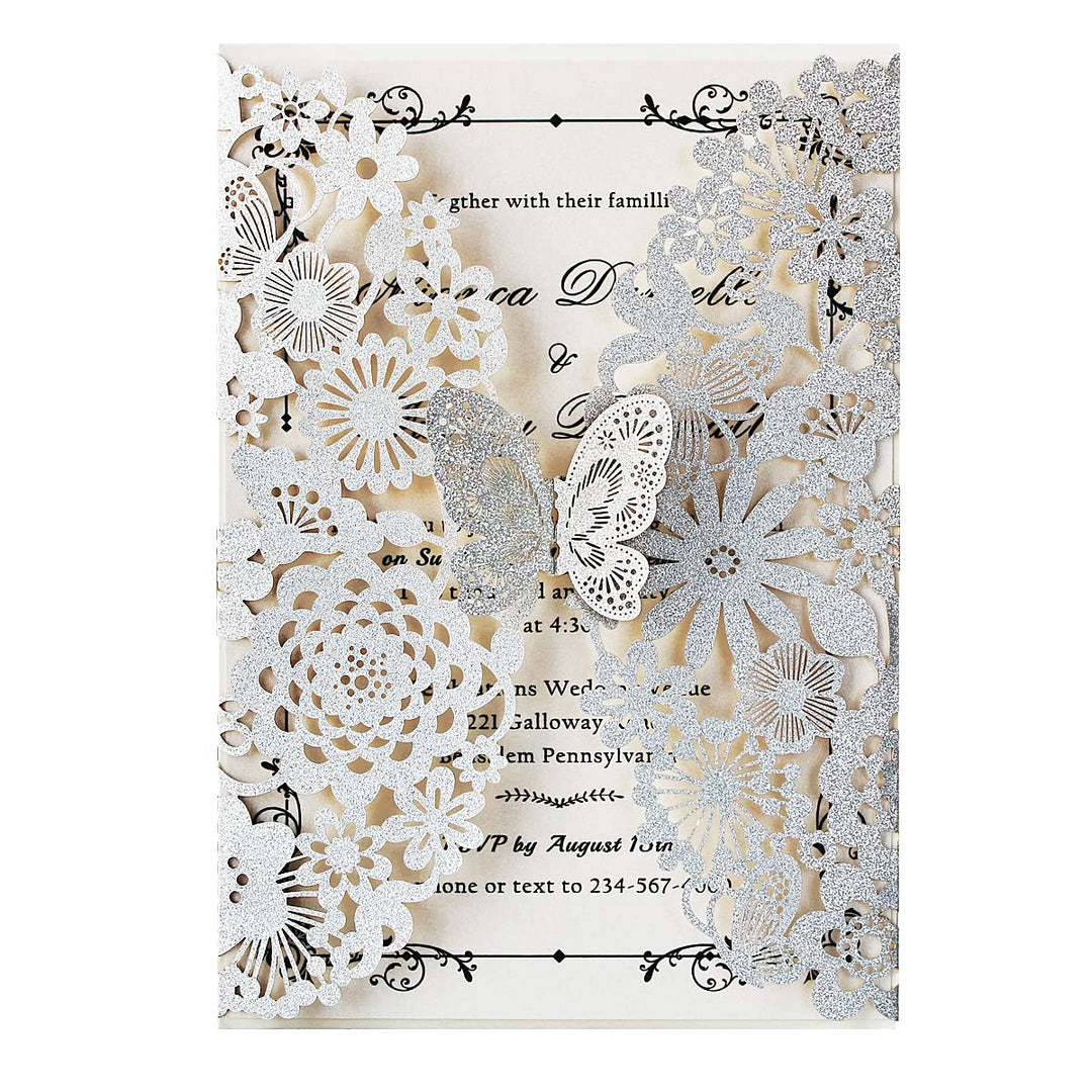 Hosmsua 20x Silber Glitzer Laserschnitt Spitze Flora Hochzeit Einladungskarten mit Schmetterling und
