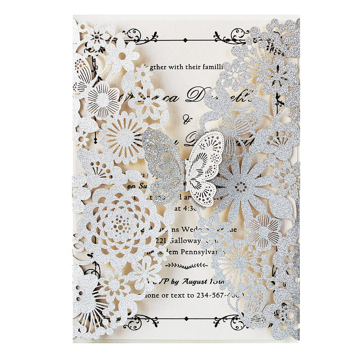Hosmsua 20x Silber Glitzer Laserschnitt Spitze Flora Hochzeit Einladungskarten mit Schmetterling und