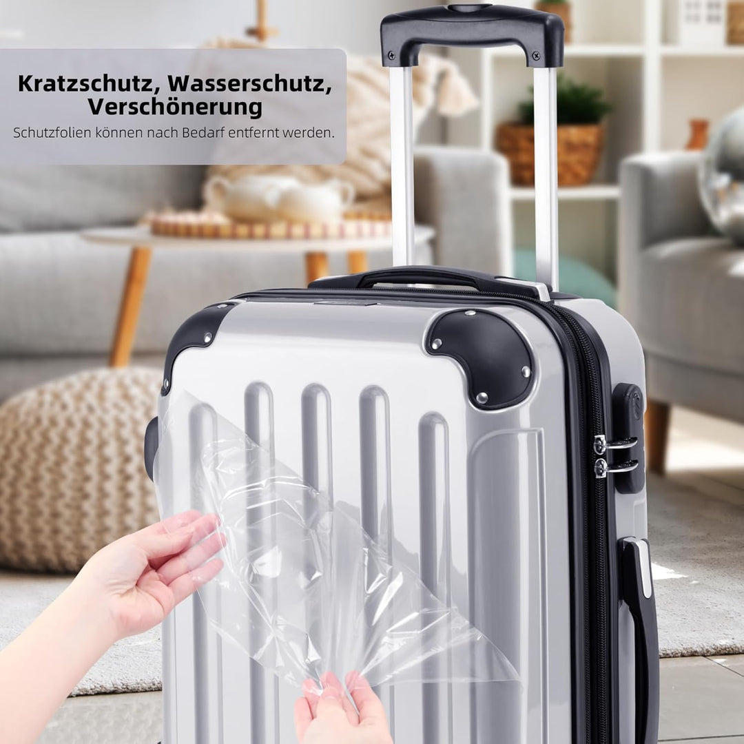 BEIBYE Hartschalen Koffer Trolley Rollkoffer Reisekoffer 4 Zwillingsrollen Polycabonat (Silber, 66cm