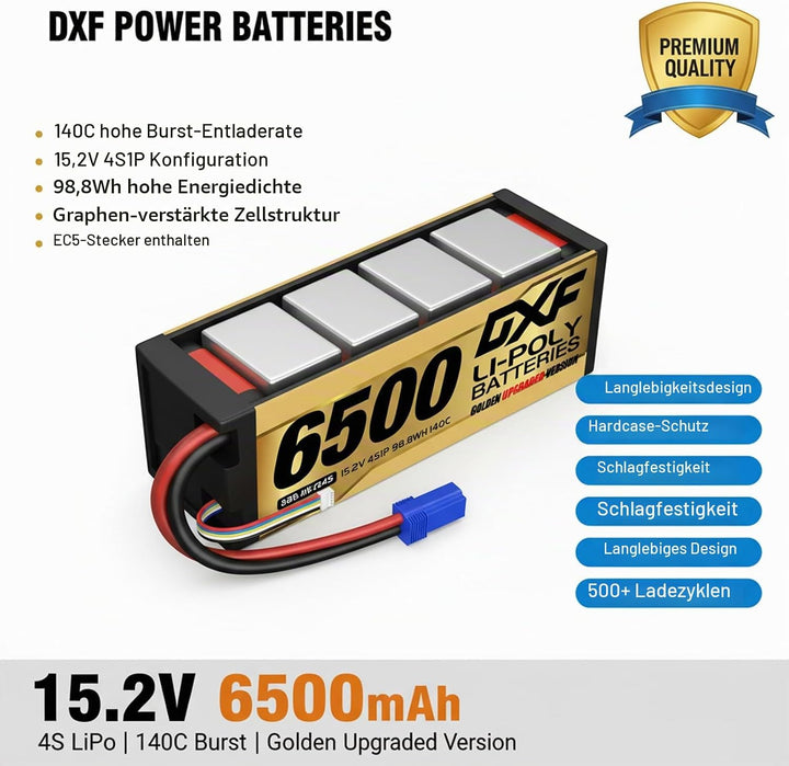 DXF Hochvolt, 4S, 6500mAh, 15,2 V, 140C, Hardcase mit EC5 Spina per 1:8 Scala RC Auto, Multi-Rotor,