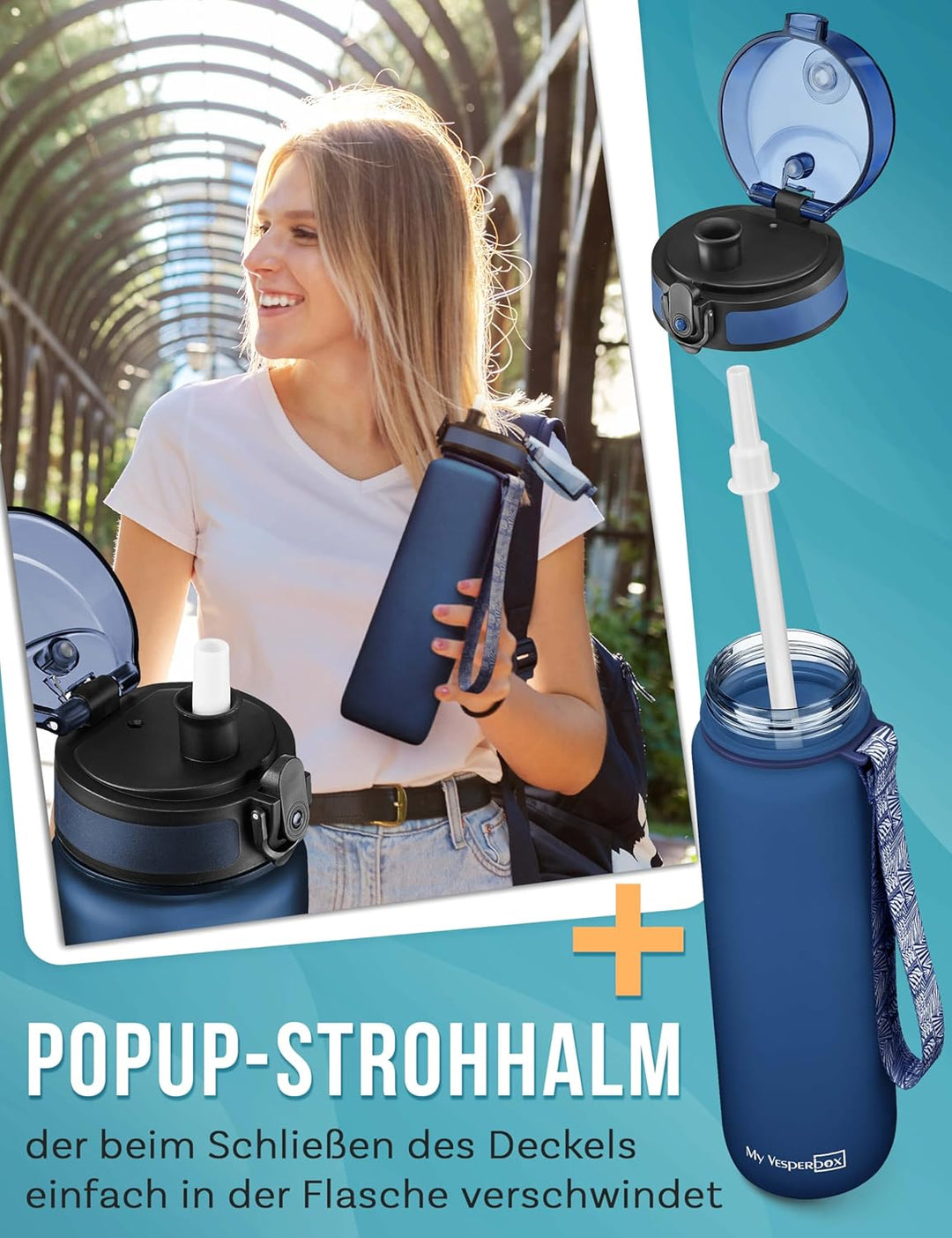 My Vesperbox® Trinkflasche Kinder [1000ML] - Wasserflasche Kohlensäure Geeignet & Auslaufsicher - Wa