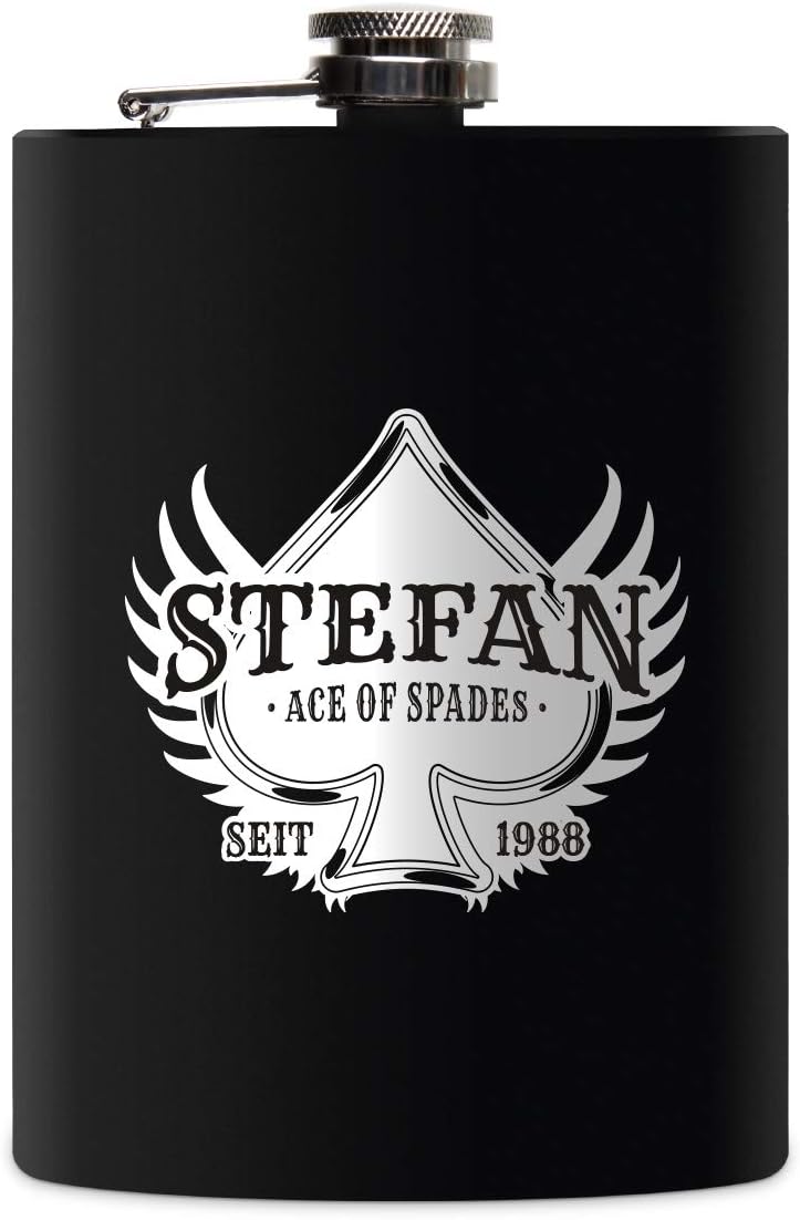 Flachmann Edelstahl Schwarz Matt 237 ml 8 oz individuelle Gravur in Silber - Ace of Spades, Ace of S