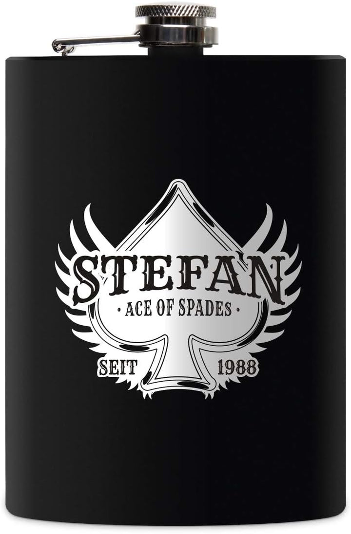 Flachmann Edelstahl Schwarz Matt 237 ml 8 oz individuelle Gravur in Silber - Ace of Spades, Ace of S