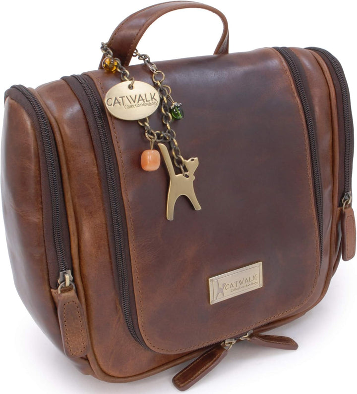 Catwalk Collection Handbags - Damen Antik-Leder Kulturtasche Gross - Kulturbeutel zum Aufhängen - Ko