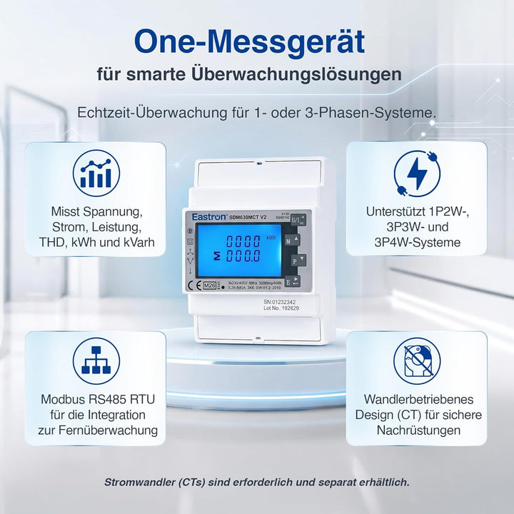 EASTRON SDM630MCT V2 Stromzähler, 1/3 Phase Modbus RS485 RTU – (Stromwandler erforderlich) gespeiste