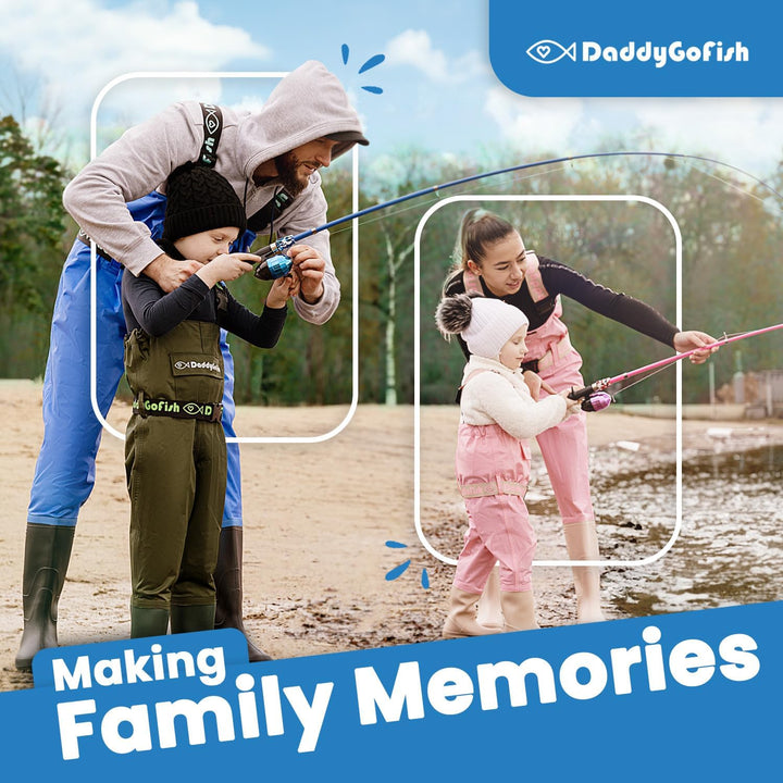 DaddyGoFish Angelset für Kinder mit Rute und Rolle, Angelausrüstung und Zubehör – Angel-Kombi für Ju