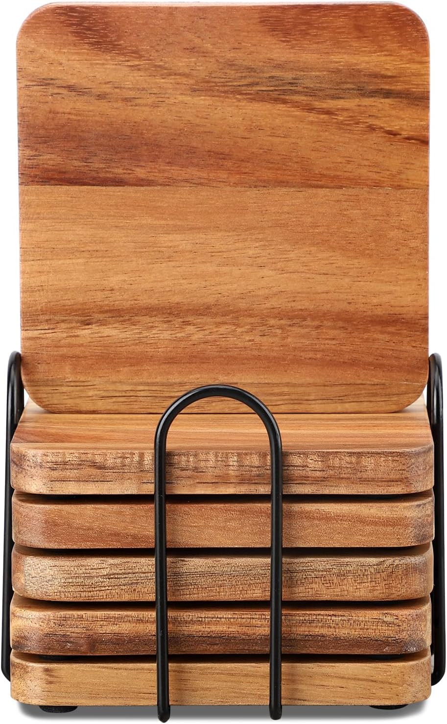 Untersetzer Gläser Holz 6er Set, Untersetzer aus Akazienholz mit Halter, Glasuntersetzer Holz eckig,