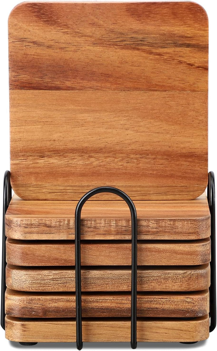 Untersetzer Gläser Holz 6er Set, Untersetzer aus Akazienholz mit Halter, Glasuntersetzer Holz eckig,