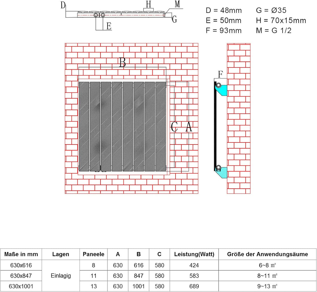 ELEGANT Paneelheizkörper Horizontal 630 x 1001 mm Weiss Badezimmer/Wohnraum Einlagig Horizontal Heiz