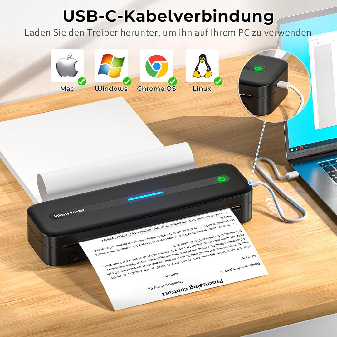 Mobiler Drucker A4 für Unterwegs, Tragbarer Drucker Thermodrucker A4 Wireless Bluetooth Inkless Hand