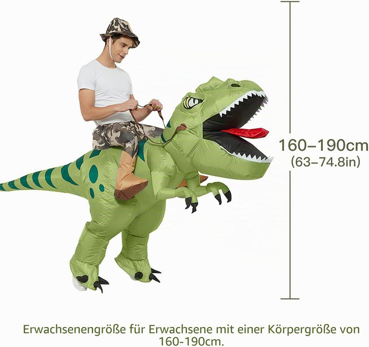 Dinosaurier-Kostüm, aufblasbar, Dino zu Pferd auf einem aufblasbaren Dinosaurier-Spielzeug, für Part