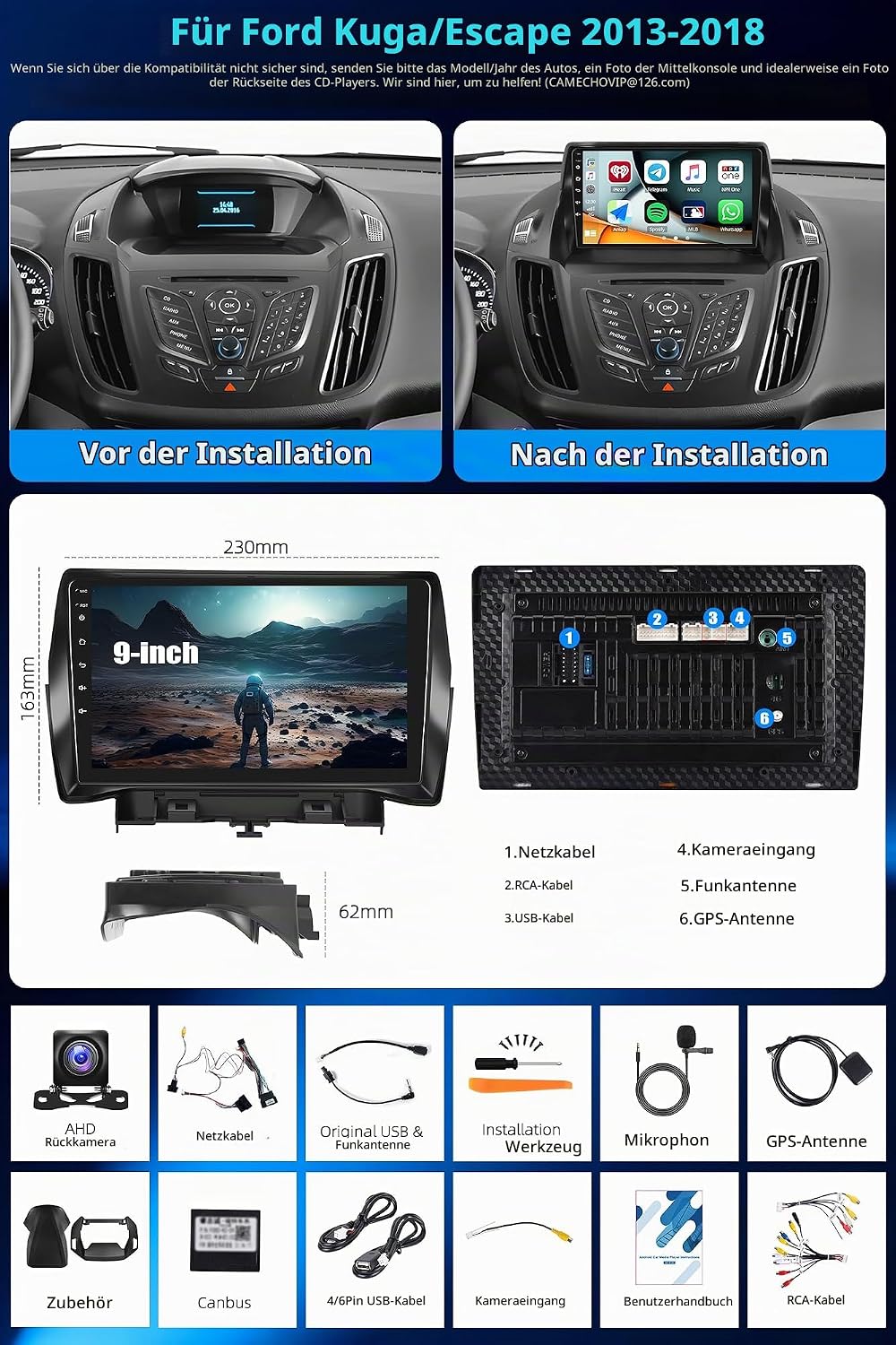 CAEMCHO 2G+64G Android 15 Autoradio für Ford Kuga/Escape 2013-2018 mit Navi Carplay Android Auto,Dop