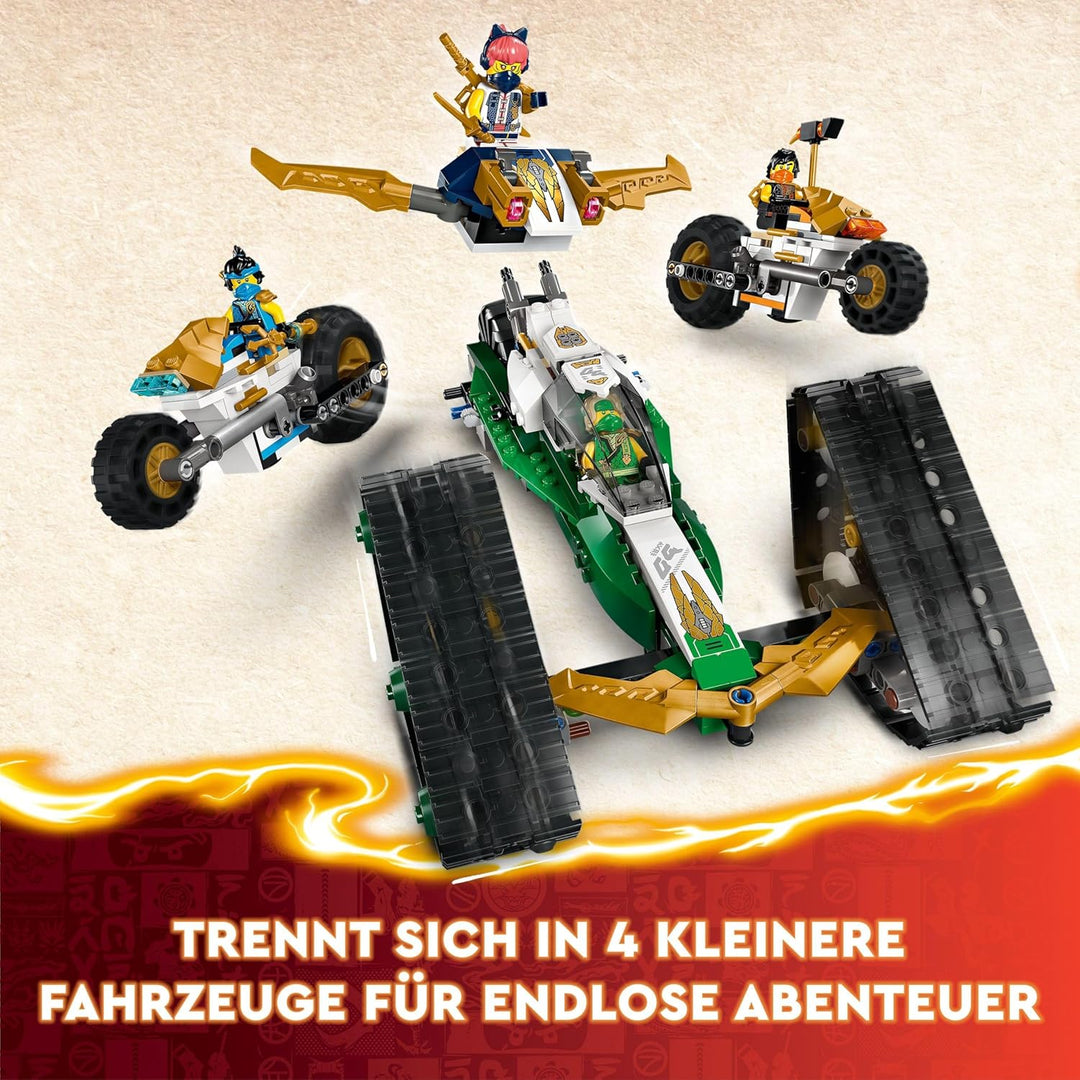 LEGO NINJAGO Kombi-Raupe des Ninja-Teams, 4-in-1-Set mit Gleiter, Rennauto und 2 Motorrädern und 6 M