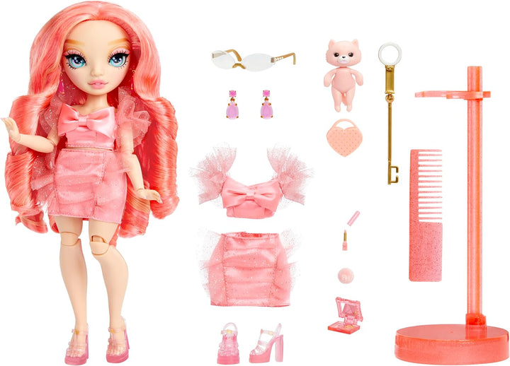 Rainbow High Modepuppe - Pinkly Paige - Pinkfarbene Modepuppe in Modischem Outfit - mit Brille &amp; Meh