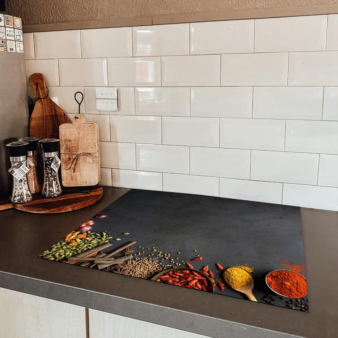 KitchenYeah© Herdabdeckplatte Einteilig Ceranfeld Abdeckplatte Küche Deko Gewürze &amp; Kräuter 52L x 65