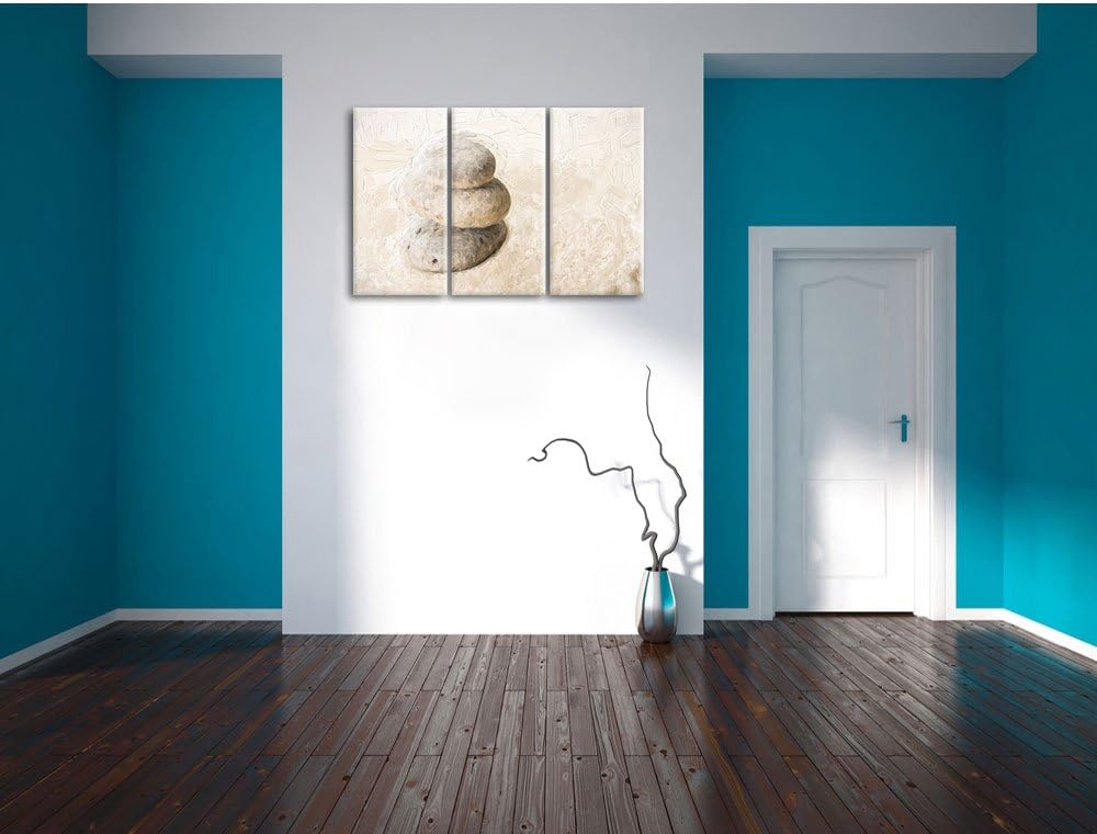 Pixxprint Steine im Sand mit Muster Pinsel Effekt 3-Teiler Leinwandbild 120x80 Bild auf Leinwand