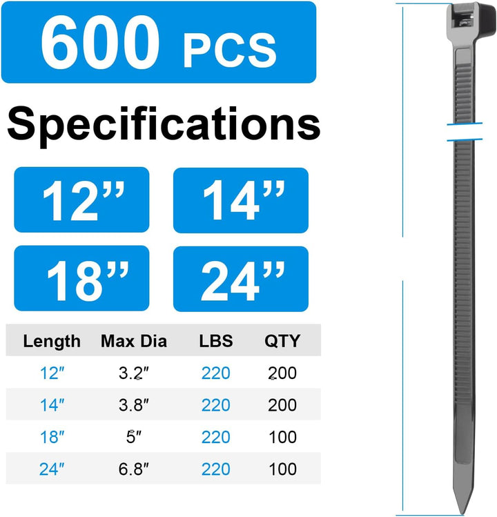 XINGO Schwarze Kabelbinder, robust, verschiedene Grössen (30,5 cm + 35,6 cm + 45,7 cm + 61 cm), 600